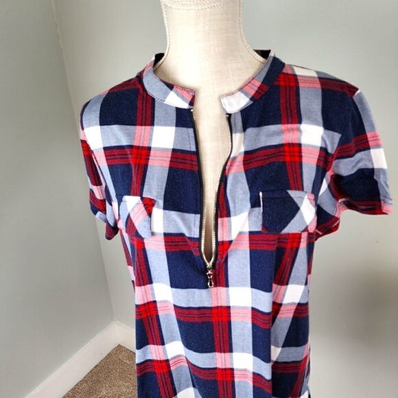 Jczhwqh Women's Short Sleeve Quarter Zip V Neck Plaid Top Size Large - Picture 2 of 7
